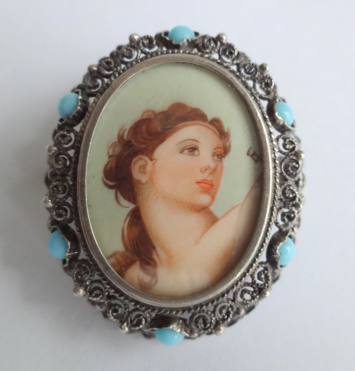 Antique Mark 800 Silver Turquoise Renaissance Medieval Lady Brooch