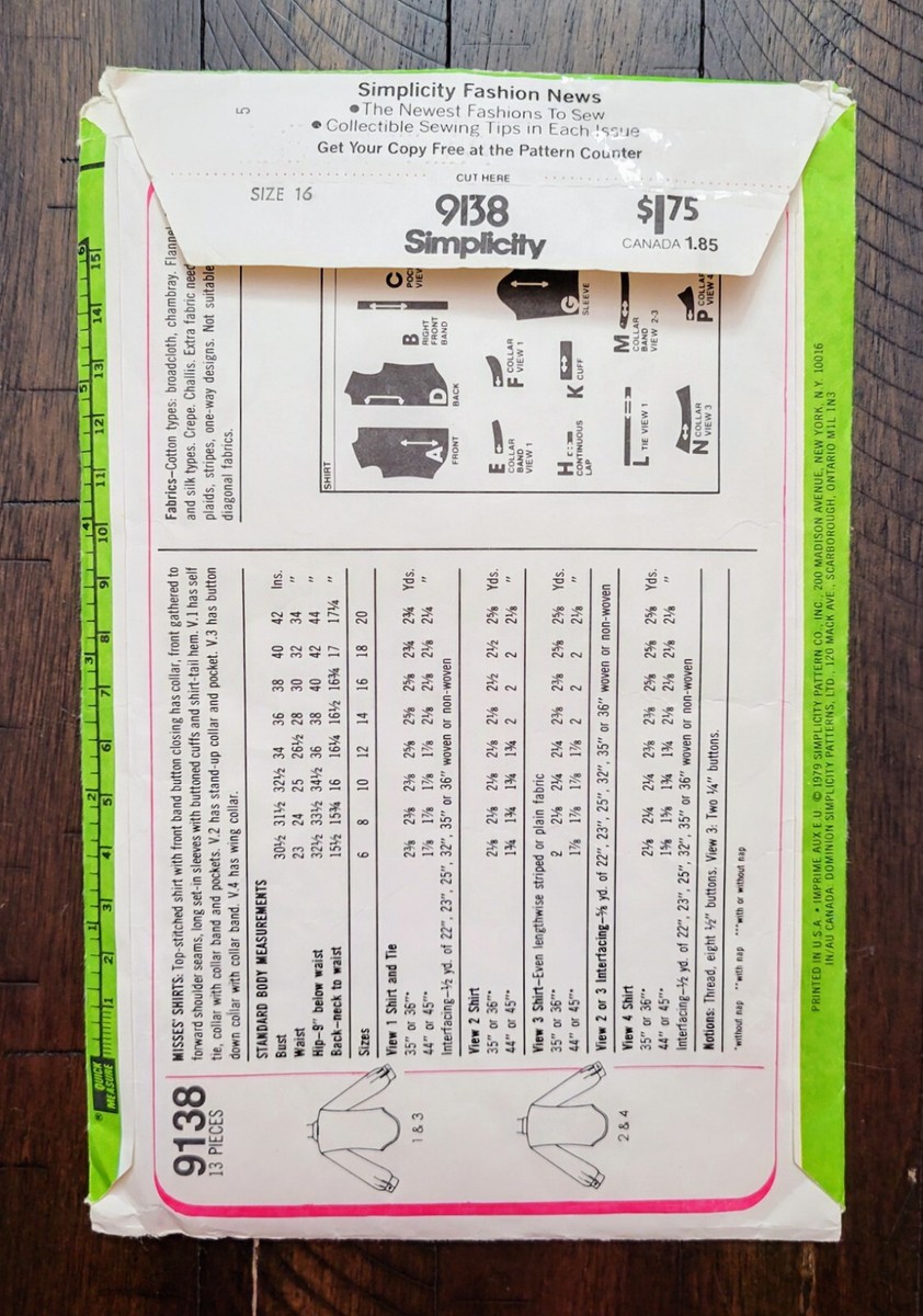 Vintage Simplicity Top-Stitched Shirt Pattern #9138 Size 16 CUT | eBay