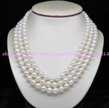 3 Rows Genuine Natural 7-8mm White Freshwater Pearl Necklace 16-18''