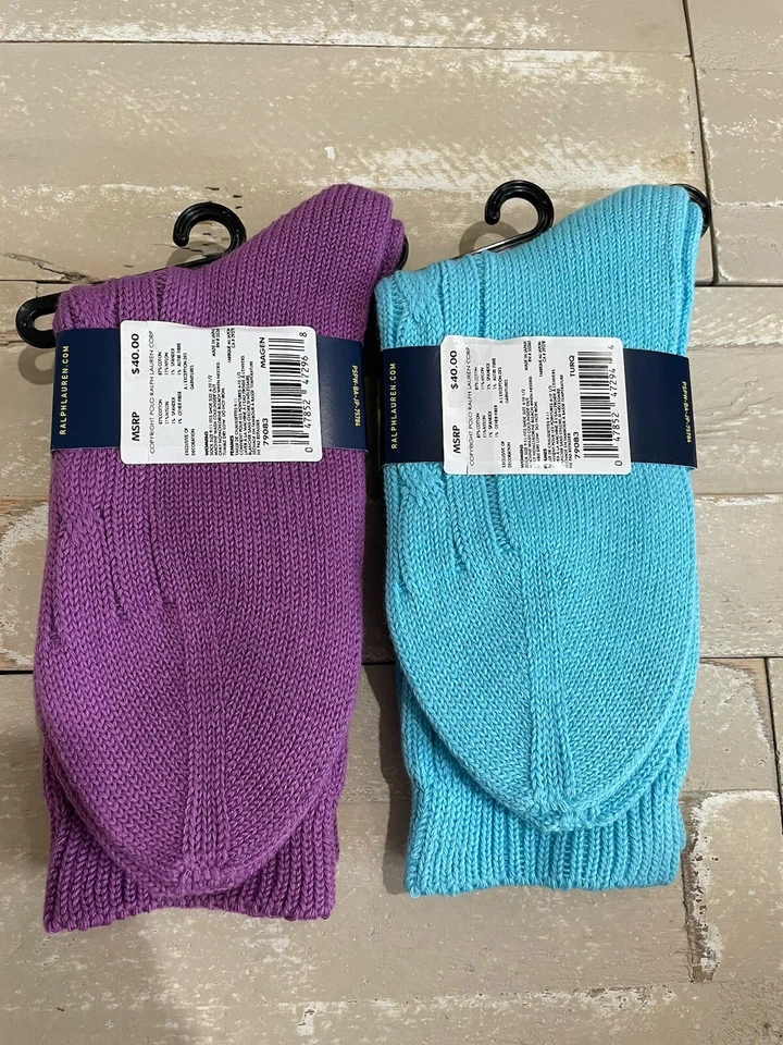 2 Ralph Lauren Polo Pony Damas Bota Calcetines 87% Algodón Cable Tejido Azul y Púrpura Foto 2 de 4