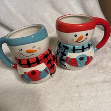 Bay Island Snowman Coffee/Hot Cocoa Mugs -Red And Light Blue Handle LOT OF 2