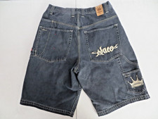 JNCO Men's Black Denim Shorts Size 34 5-Pocket Flat Front Zip Embroidered Logo