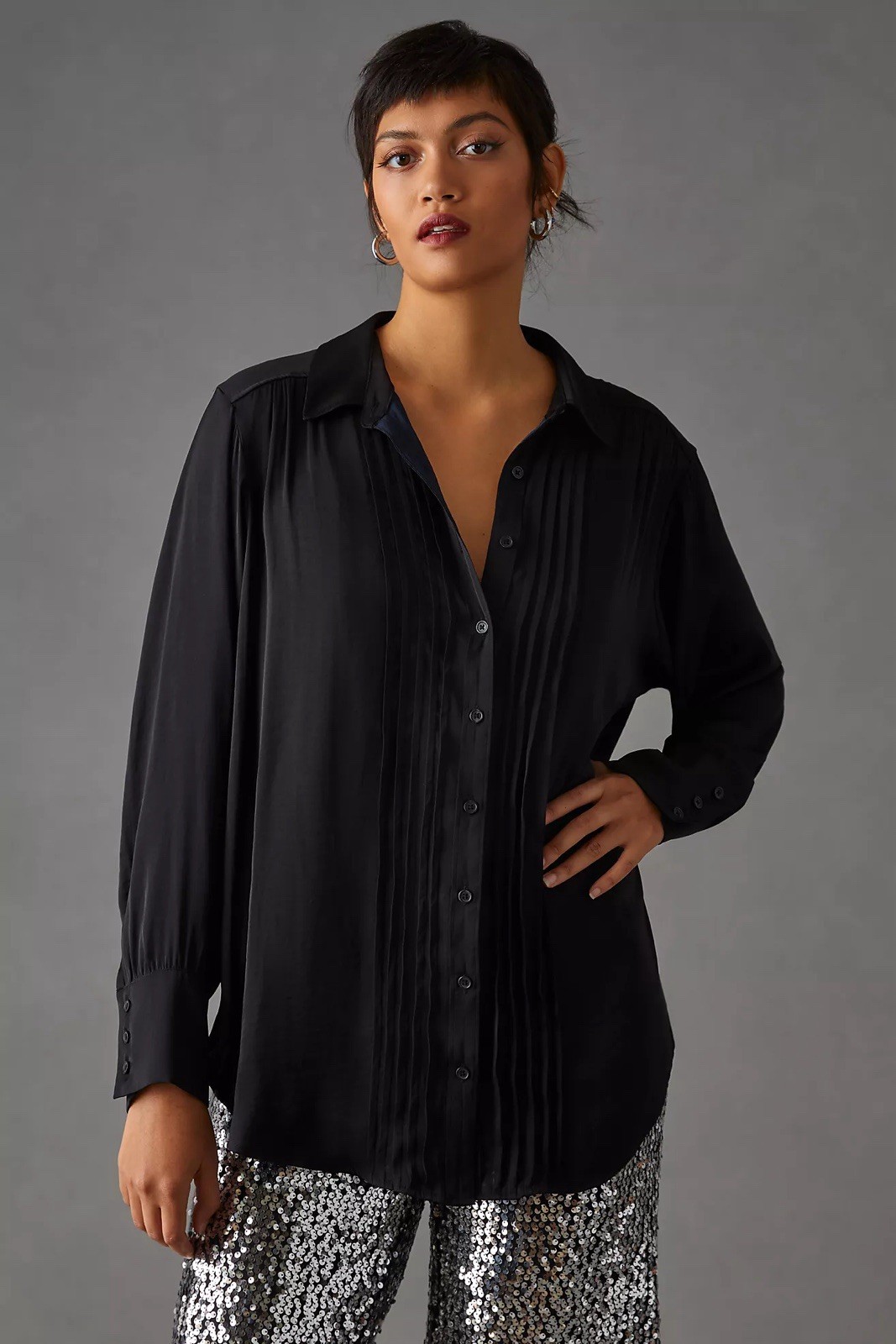 Anthropologie XL Black Satin Pleated Tuxedo Shirt Quiet Luxury Chic Career Top