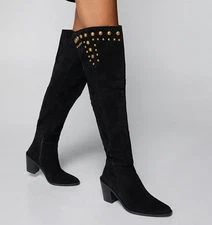 NEW NASTY GAL BLACK REAL SUEDE SLOUCHY STUDDED THIGH HIGH BOOTS 38 US 7