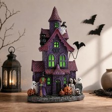 9 Inch Halloween Haunted House Village Figurine Resin LED Decor Purple 