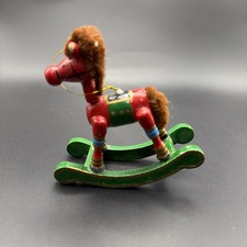 Vintage Wooden Rocking Horse Christmas Ornament Hand Painted Yarn Mane Tail