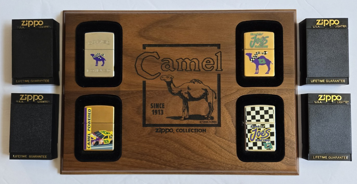 VTG 1996 SMOKIN JOE CAMEL RACING ZIPPO SET ORIG WOOD PLAQUE CASES