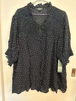 Plus Size 3x Navy W/Mini Floral Print Shirt Sleeve BLOUSE NWT