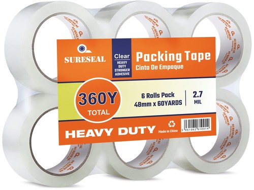 Heavy Duty Packing Tape 6 Rolls, Total 360Y, Clear 2.7 mil, 1.88 inch x 60 Ya...