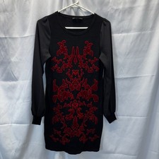 INC International Concepts Black/Red Sweater Dress Sheer Sleeve Red Velvet S/M