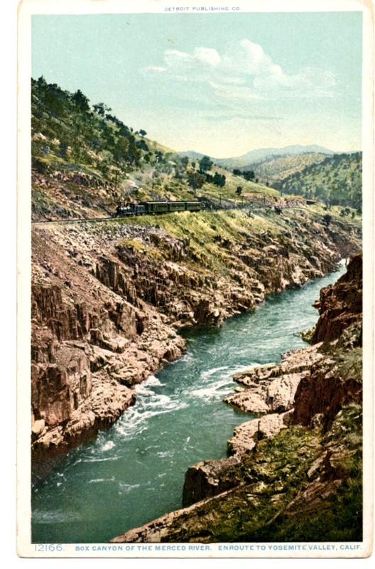 BOX CANYON OF THE MERCED RIVER, ENROUTE TO YOSEMITE VALLEY, CALIF. CA. TRAIN.