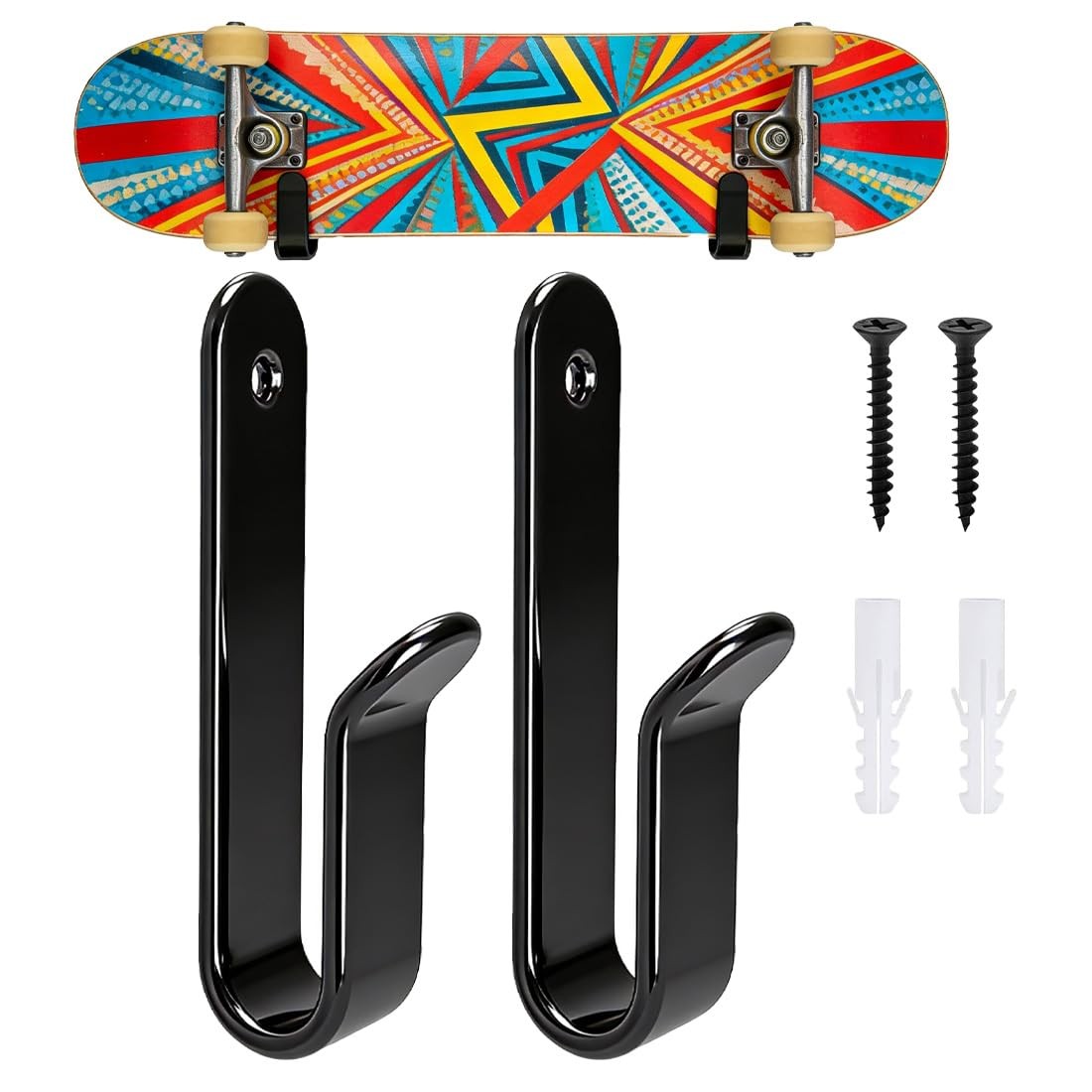 2 Pack Metal Clips Skateboard Wall Mount & Snowboard Storage Rack with Hanger