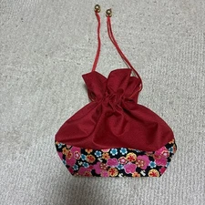 New red and floral pattern drawstring type Japanese bag with lining