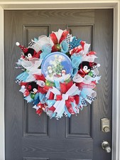 Handmade Christmas Penguin Deco Mesh Wreath Red and Blue Front Door Decor