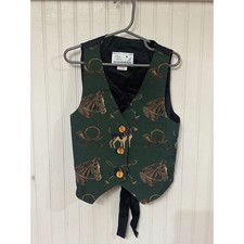 Kids Bay Point Horse Dog Horn Tapestry Vest Green Button Front Size 7/8 Vintage