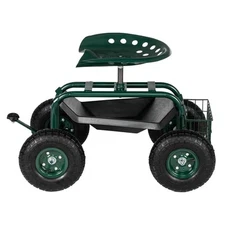 Rolling Garden Cart Work Swivel Seat with Storage Basket for Outdoors Lawns Yard