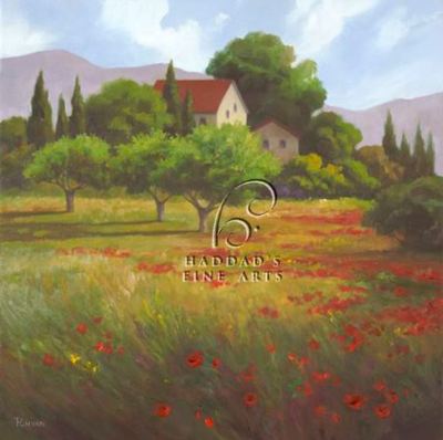 Olives & Poppies by Vivien Rhyan European Tuscan Poppies Landscape Canvas Giclee