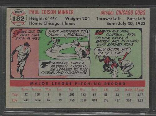 1956 TOPPS # 182 PAUL MINNER CUBS GB NM- CENTERED - Picture 2 of 2