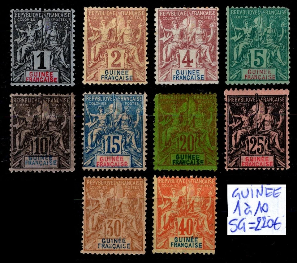 GUINÉE : Série GROUPE n° 1 à 10, Neufs SG = Cote 220 € / Lot Timbres COLONIES - Photo 1/1