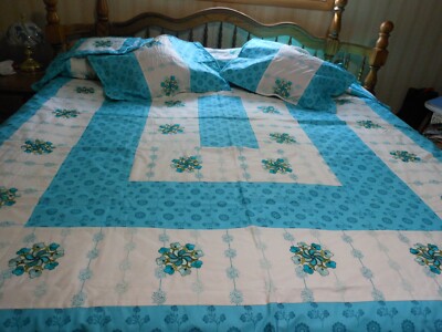 Homemade Turquoise Embroiled Flowers Coverlet/Bedspread 100''L x 85''W with Shams