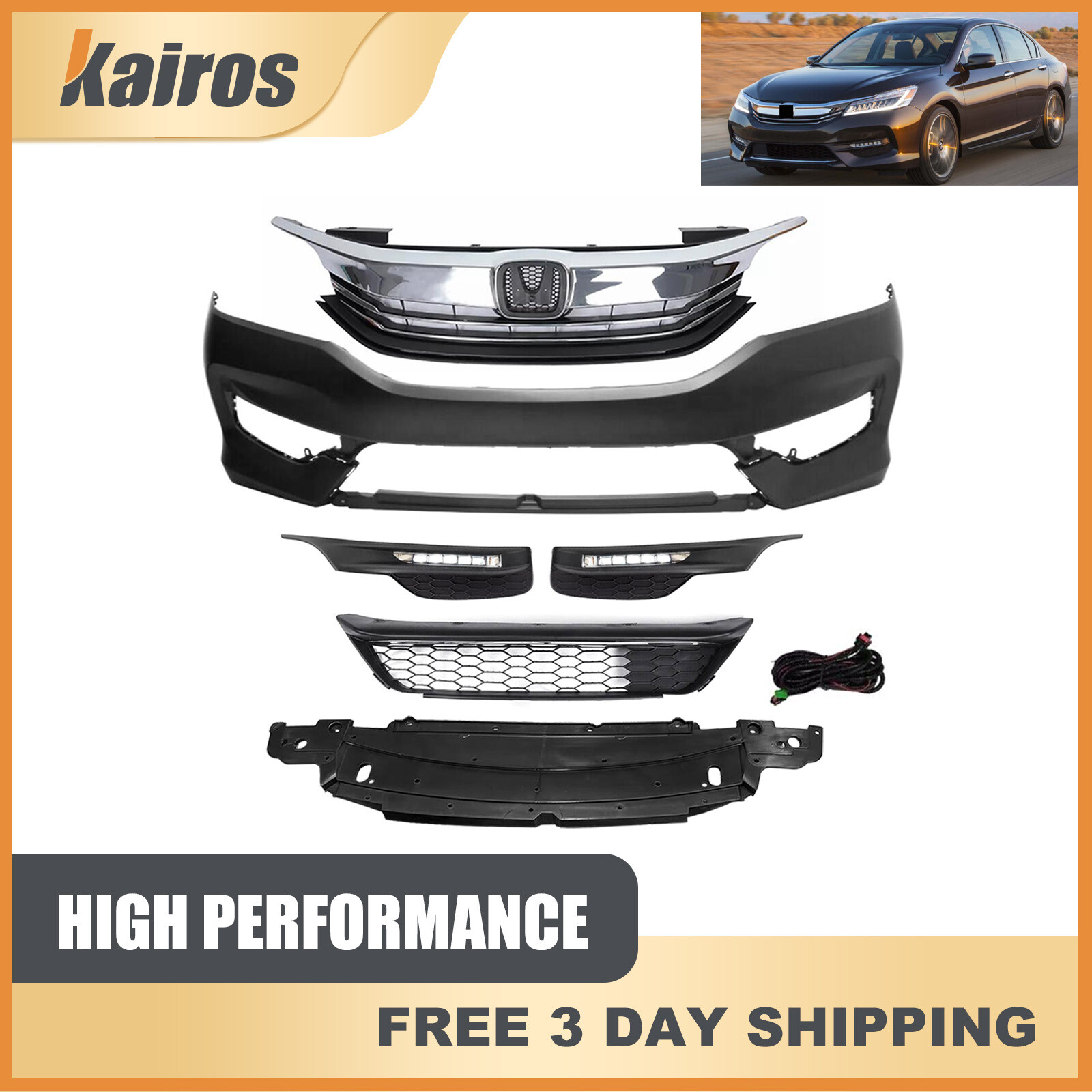 Complete Front Bumper Grille Kit w/ Fog Lights For 2016-2017 Honda Accord Sedan