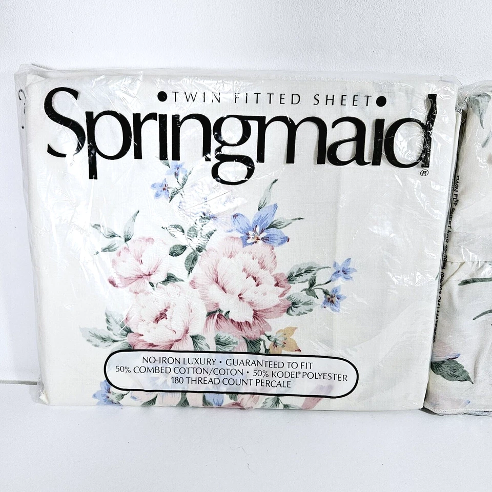 Vintage Springmaid Twin Flat & Fitted Sheet Set Floral Percale Bridal Bouquet II - Image 2 of 4