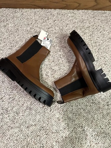 £129 Brand new Zara track sole ankle boots elastic chunky 100% leather brown - Imagen 4 de 6