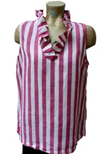 Crown Ivy Top Women's L Red White 100% Linen Ruffle V Neck Nautical Beach