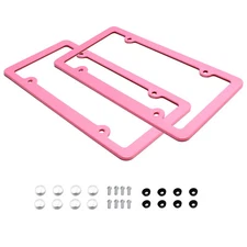 2pc Premium Pink Slim 2-Hole License Plate Frame with Screws/Fasteners and Caps