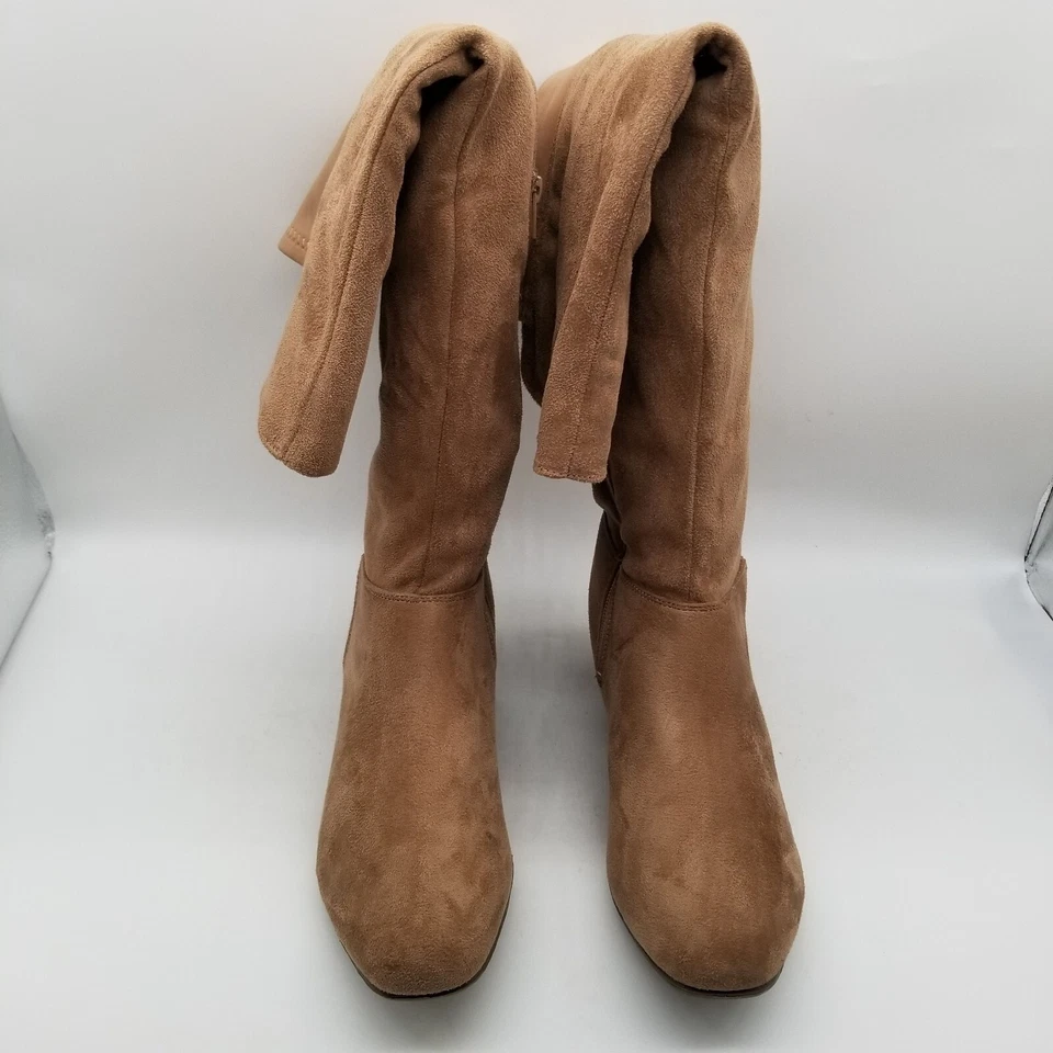 CL By Chinese 洗衣女式棕色圆头楔形跟及膝靴 8 M 码 — 第 3/4 张图片