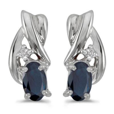 Ohrringe 10 Karat Weißgold ovaler Saphir und Diamant