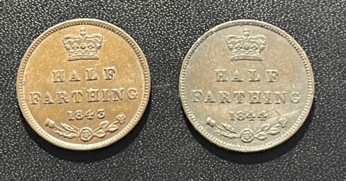 Great Britain 1843 and 1844 Half Farthing Copper Coins: Lot of 2 - Picture 1 of 2