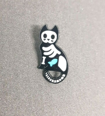 Cat Skeleton Pin Brooch Black & White Fish