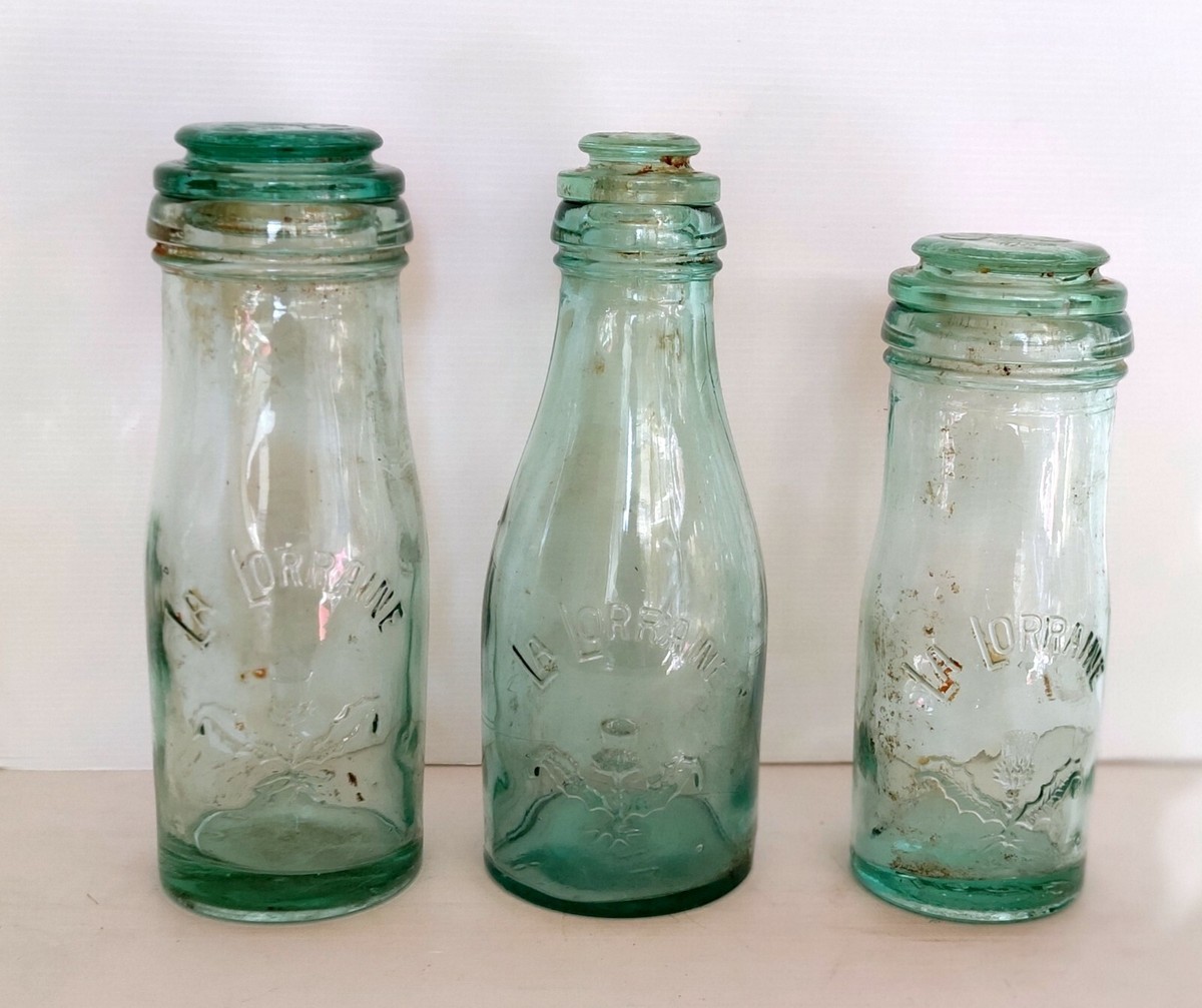 Blown Glass Bottles, Green, La Lorraine, 1 Liter, Vintage French