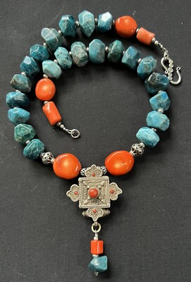 Sterling Silver Tibetan Ghau Gau prayer box w/coral & apatite Nepalese necklace.