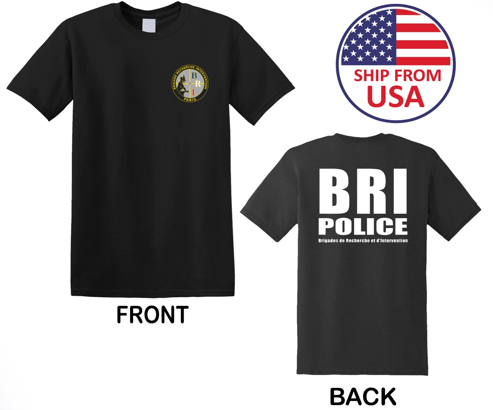 BRI Police France Hombre Camiseta Negra Talla S a 3XL