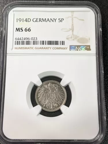1914 D MS66 Germany 5 Pfennig NGC KM 11 Scarce Condition!