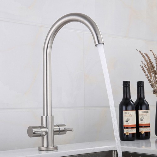 Modern Mono Kitchen Sink Mixer Tap Brushed Chrome Twin Lever Swivel Spout Faucet - Picture 13 of 13