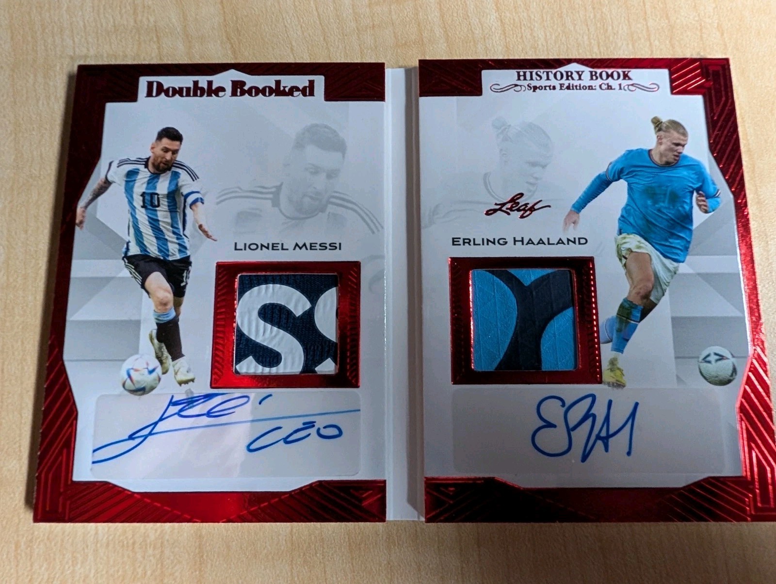 LIONEL MESSI ERLING HAALAND 2023 Leaf History Book DUAL PATCH AUTO 3/3 view 3