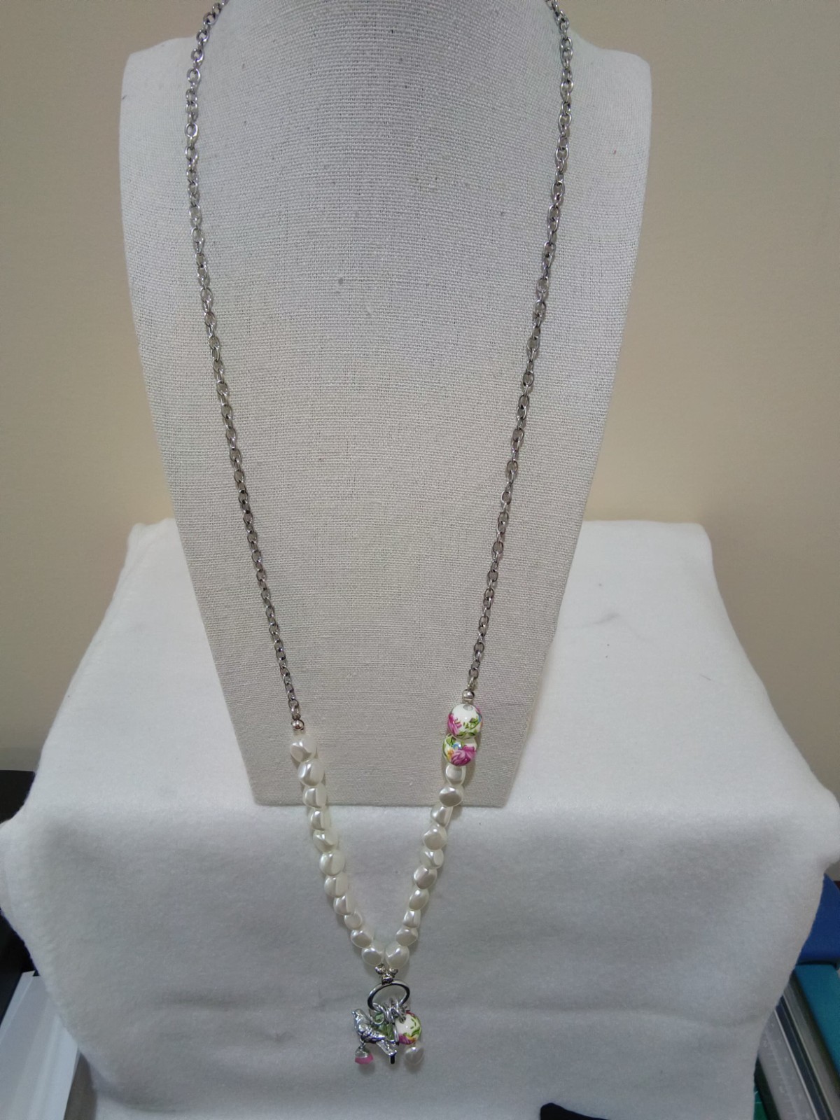 Plunder Design Necklace, White Pearls, Floral Porcelian Beads, Charms