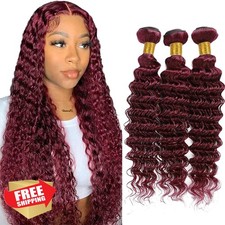 99J Burgundy 3pc Deep Wave Human Hair Bundles 18-22" Unprocessed