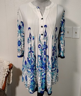 Reborn White Paisley Boho Tunic Mini Dress Small Floral  3/4 Sleeve