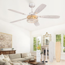 52 Inch Farmhouse Ceiling Fan with Light and Remote, White and Gold Flush Mount