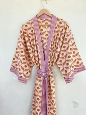 Indian Beige Floral Cotton Robe Short Kimono Sleepwear Night Suit Kimono Robe US