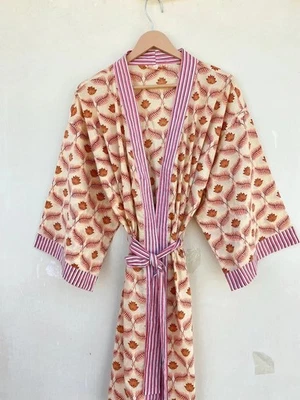 Baumwoll Kurzer Floral Kimono Morgenmantel, Blockdruck, Sommer Nachtwäsche - Bild 1 von 4