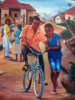 Original Haiti Painting BIKE RIDE acrylic On Canvas Artist Archer 48''x36'' NEW