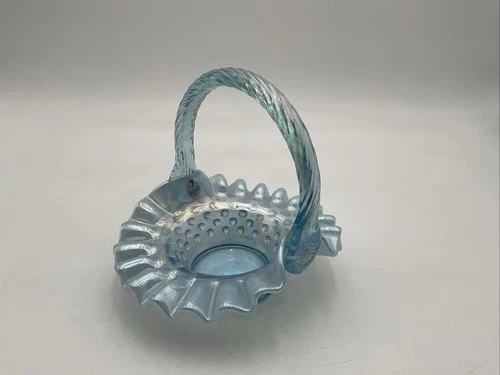 Vintage Fenton Blue Glass Opalescent Hobnail Basket W/ Label