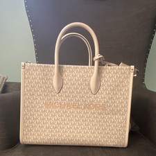 Michael Kors Logo Tote Satchel Beige/White Medium Zip w/ Detachable Strap