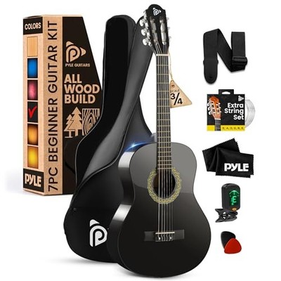 Pyle 36'' Beginner Acoustic Guitar Kit, 3/4 Junior Size Instrument (Black)