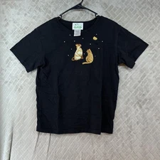 Quacker Factory Womens S T-Shirt Black Short Sleeve Embroidered Cat Rhinestone